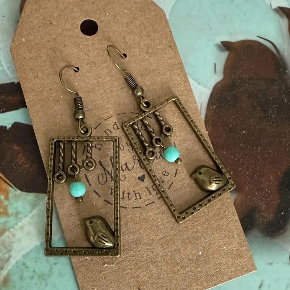 Vintage Style Perched Bird Bronze Earrings with Robins Egg Czech Glass Beads